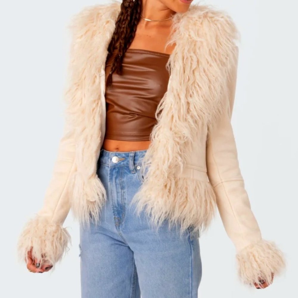 Cream  Afghan Coat Daisy Jones Penny Lane 70's Fall Faux Fur Jacket Winter SZ XS